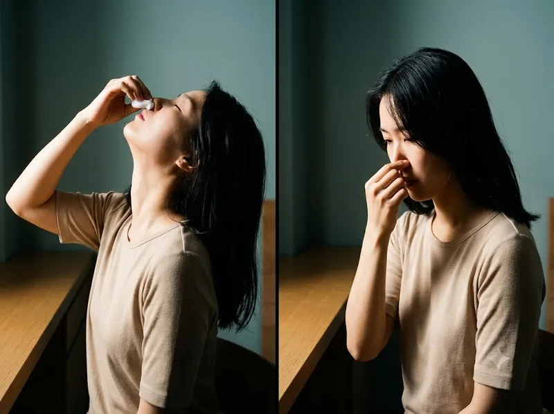 Ngồi thẳng, cúi đầu về trước và bóp phần mềm mũi để cầm máu