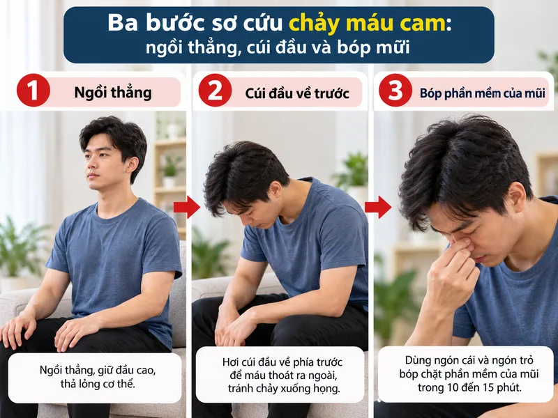 Ba bước sơ cứu chảy máu cam: ngồi thẳng, cúi đầu và bóp mũi