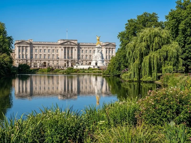 Khu vườn cung điện Buckingham xanh mát với hồ và thảm cỏ rộng